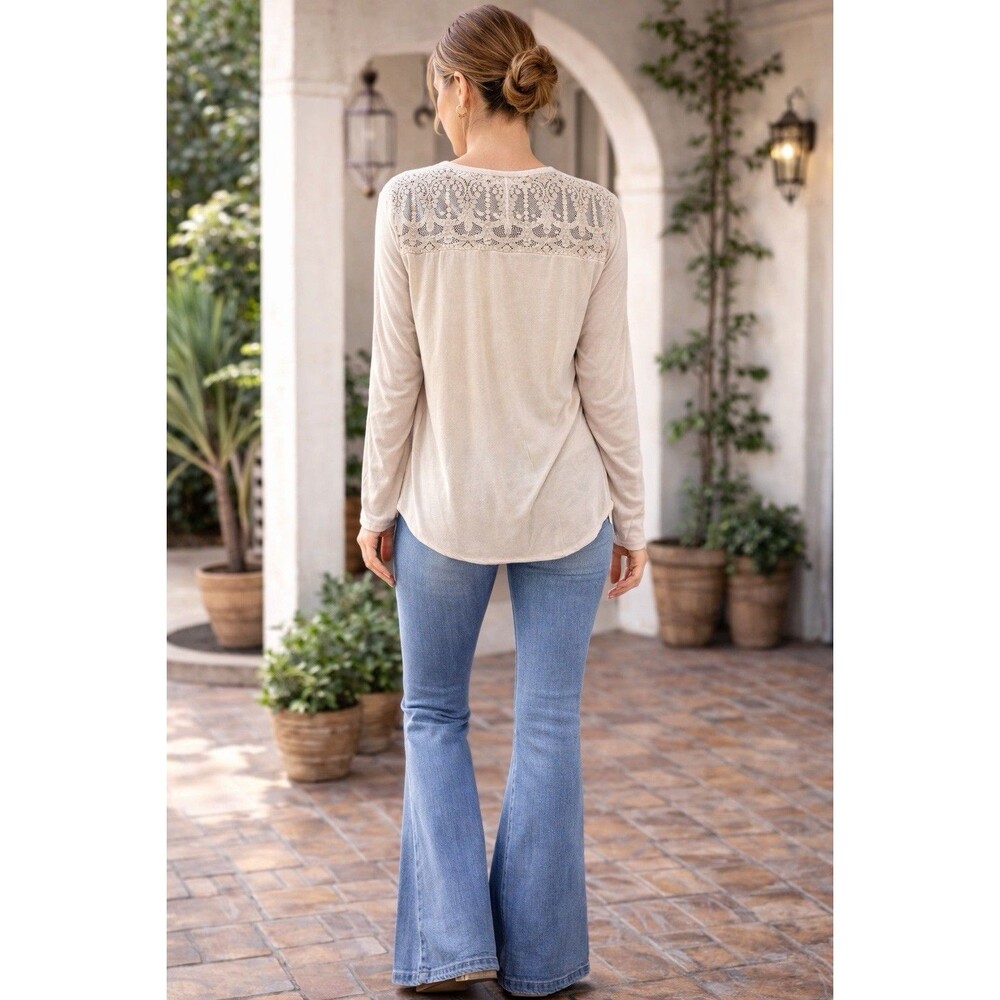 Knox Rose Gray Long Sleeve Top Boho Lace Soft Knit Large LB